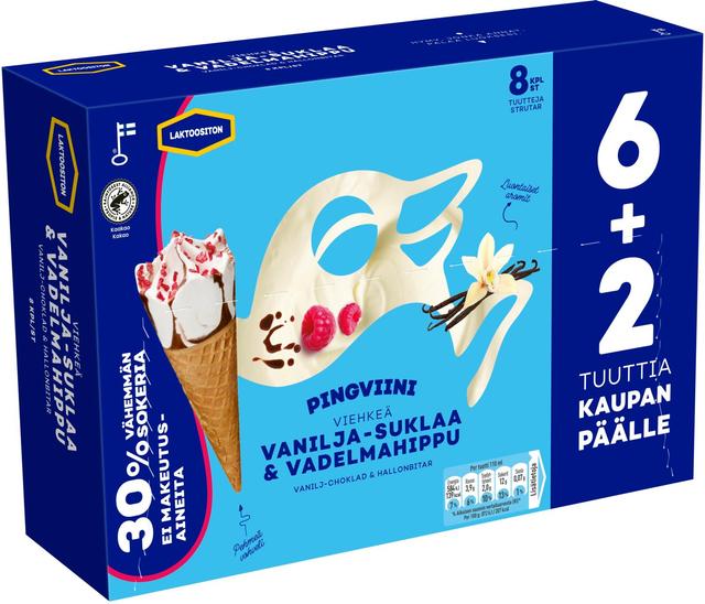 Pingviini Vanilja-Suklaa & Vadelmahippu, Laktoositon monipakkaus 8x67g