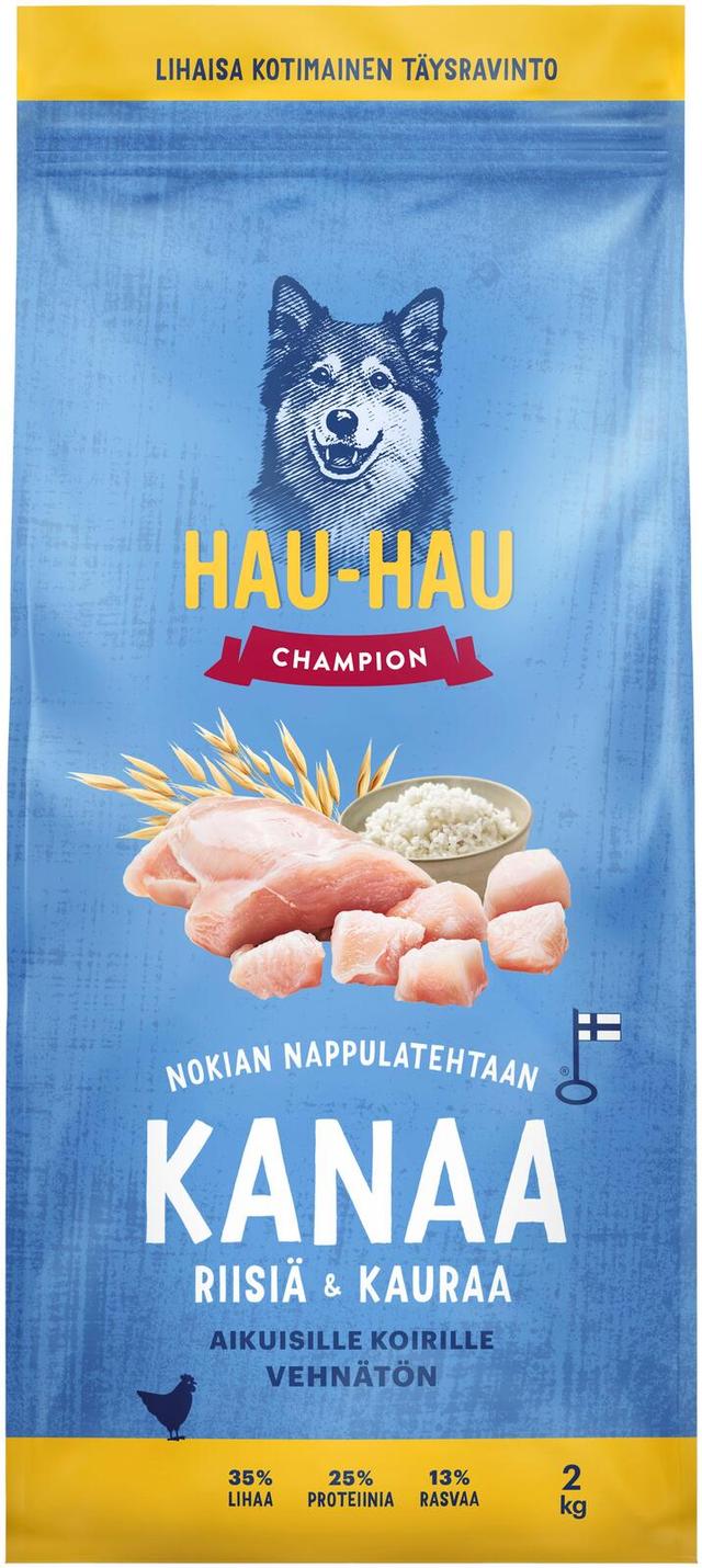 Hau-Hau Champion Nokian Nappulatehtaan Kanaa, riisiä & kauraa täysravinto aikuisille koirille 2 kg