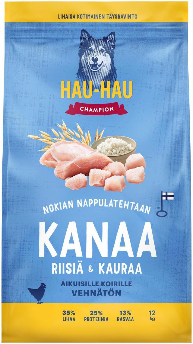 Hau-Hau Champion Nokian Nappulatehtaan Kanaa, riisiä & kauraa täysravinto aikuisille koirille 12 kg