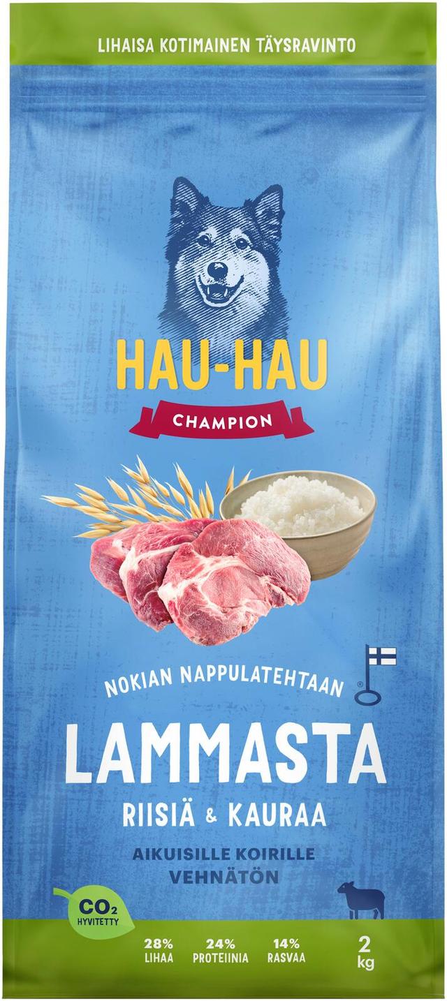 Hau-Hau Champion Nokian Nappulatehtaan Lammasta, riisiä & kauraa täysravinto aikuisille koirille 2 kg