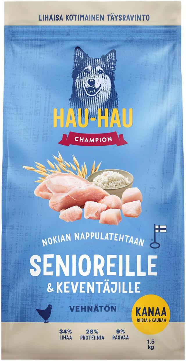 Hau-Hau Champion Nokian Nappulatehtaan Kanaa, riisiä & kauraa täysravinto senioreille ja keventäville 1,5 kg