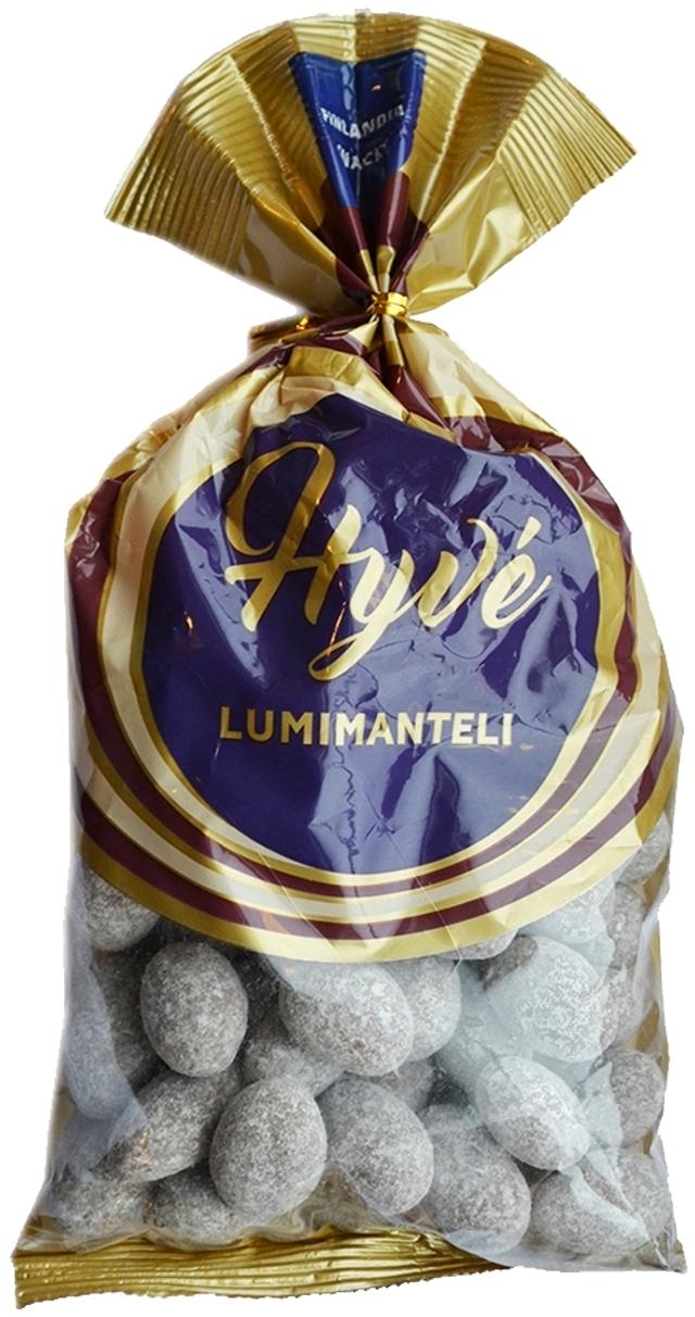 Finlandia Snacks Hyvé Lumimanteli 225g suklaakuorrutettuja maneleita, joissa tomusokeripinta