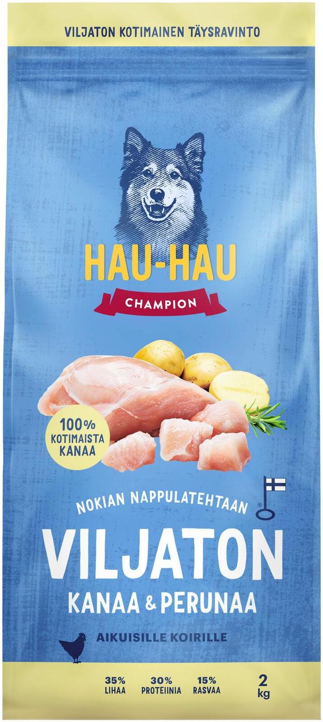 Hau-Hau Champion Nokian Nappulatehtaan Viljaton kanaa ja perunaa täysravinto aikuisille koirille 2 kg