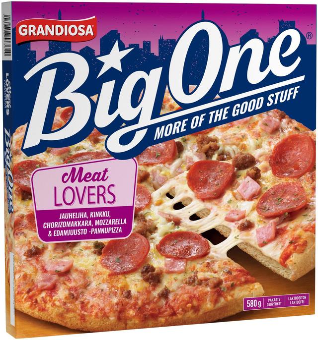 Grandiosa BigOne pan pizza meat lovers, juustoa, jauhelihaa, chorizoa ja kinkkua 580g