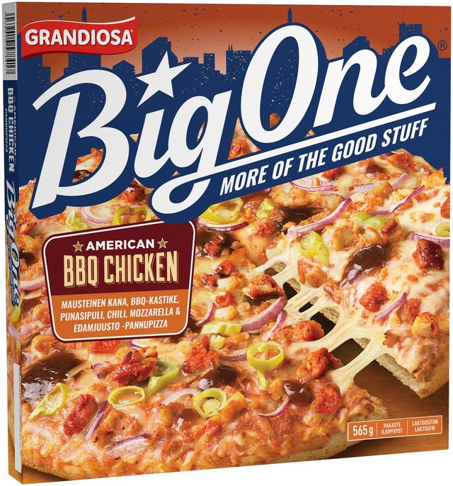 Grandiosa BigOne pan pizza BBQ chicken, kanaa, barbequekastiketta, punasipulia pakaste 565g