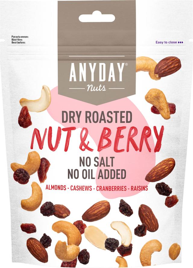 Anyday Nut and Berry paahdettu suolaamaton pähkinä- ja marjasekoitus 140g