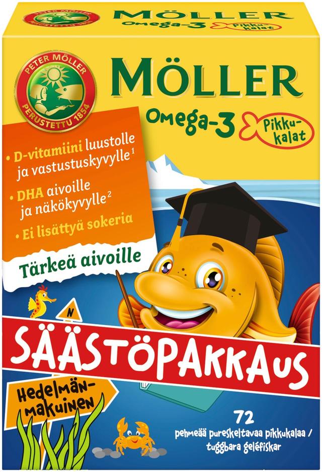 Möller Omega-3 Pikkukalat säästöpakkaus hedelmänmakuinen pehmeä pureskeltava 72kpl