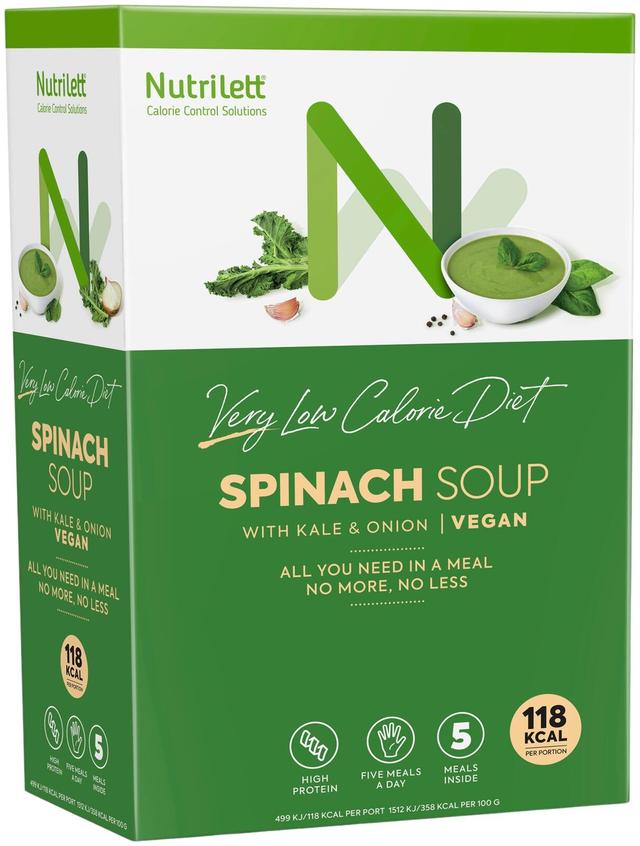 Nutrilett Spinach soup with kale & onion vegan VLCD vegaaninen vähälaktoosinen lehtikaalta ja sipulia sisältävä pinaattikeitto erittäin niukkaenergiainen ruokavalionkorvike 5x33g