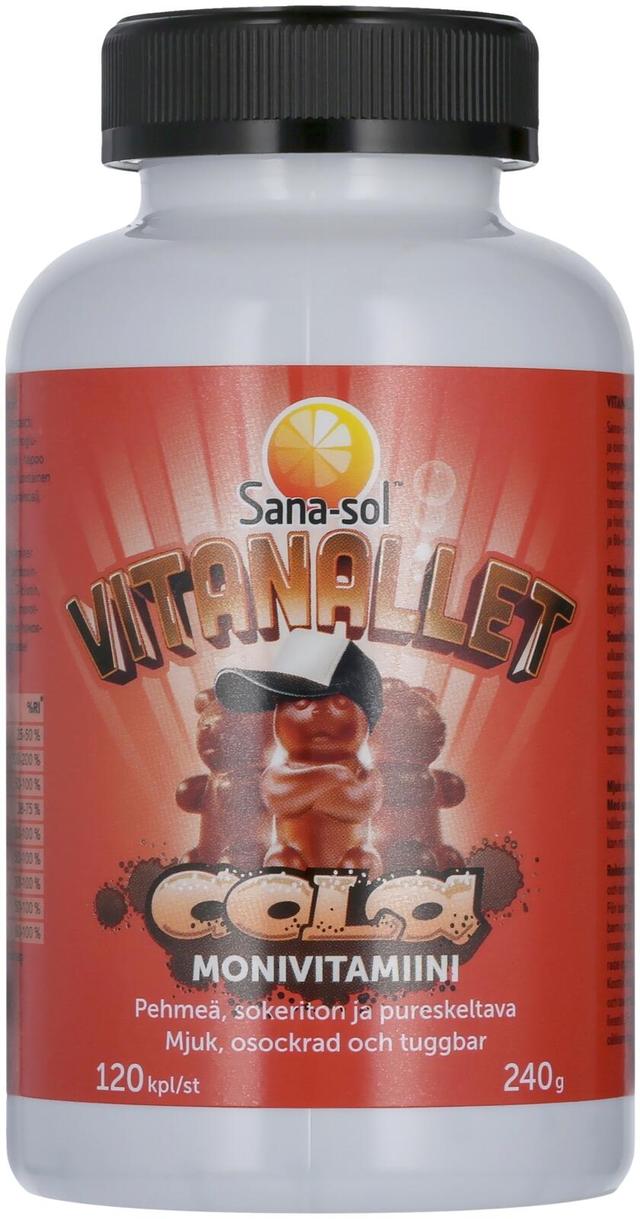 Sana-sol Vitanallet Cola pehmeä, sokeriton ja pureskeltava kolanmakuinen monivitamiinivalmiste ravintolisä 120kpl / 240g