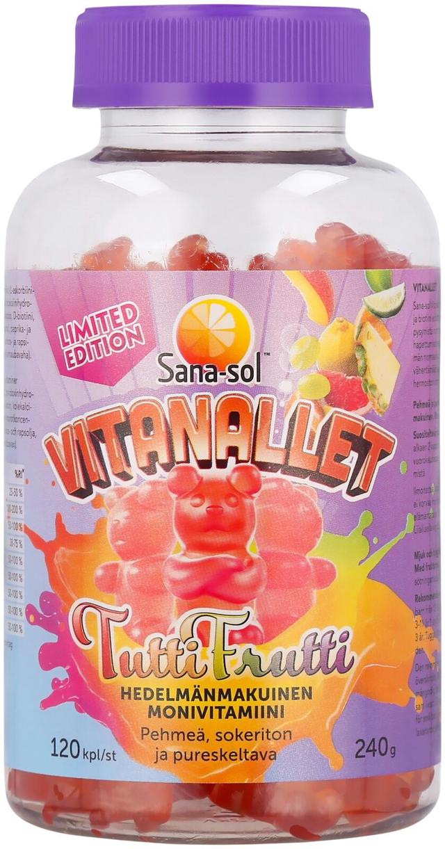 Sana-sol Vitanallet Tuttifrutti Limited Edition pehmeä, sokeriton ja pureskeltava hedelmänmakuinen monivitamiinivalmiste ravintolisä 120kpl / 240g