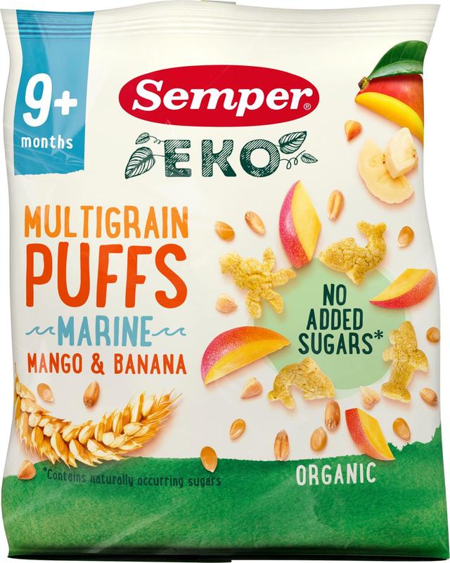 Semper Multigrain Puffs Mango & banaani 18g luomunaksu lapsille alkaen 9 kk
