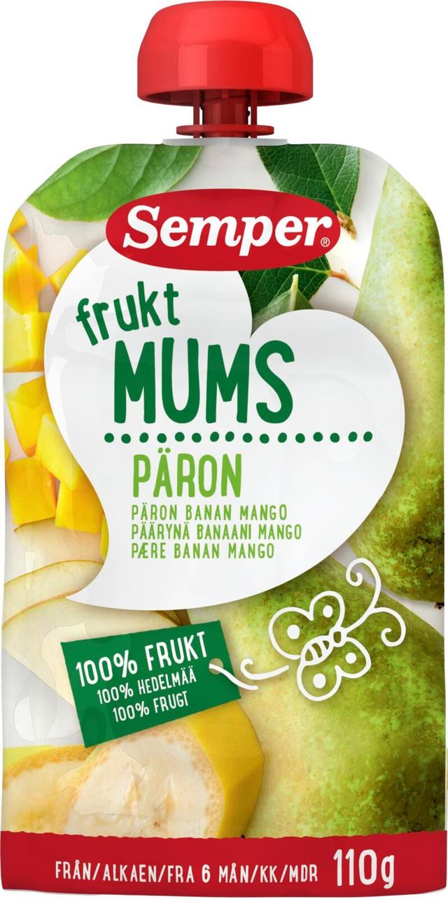 Semper Fruktmums Päärynä 110g, päärynää, banaania ja mangoa hedelmäsose alk. 6 kk