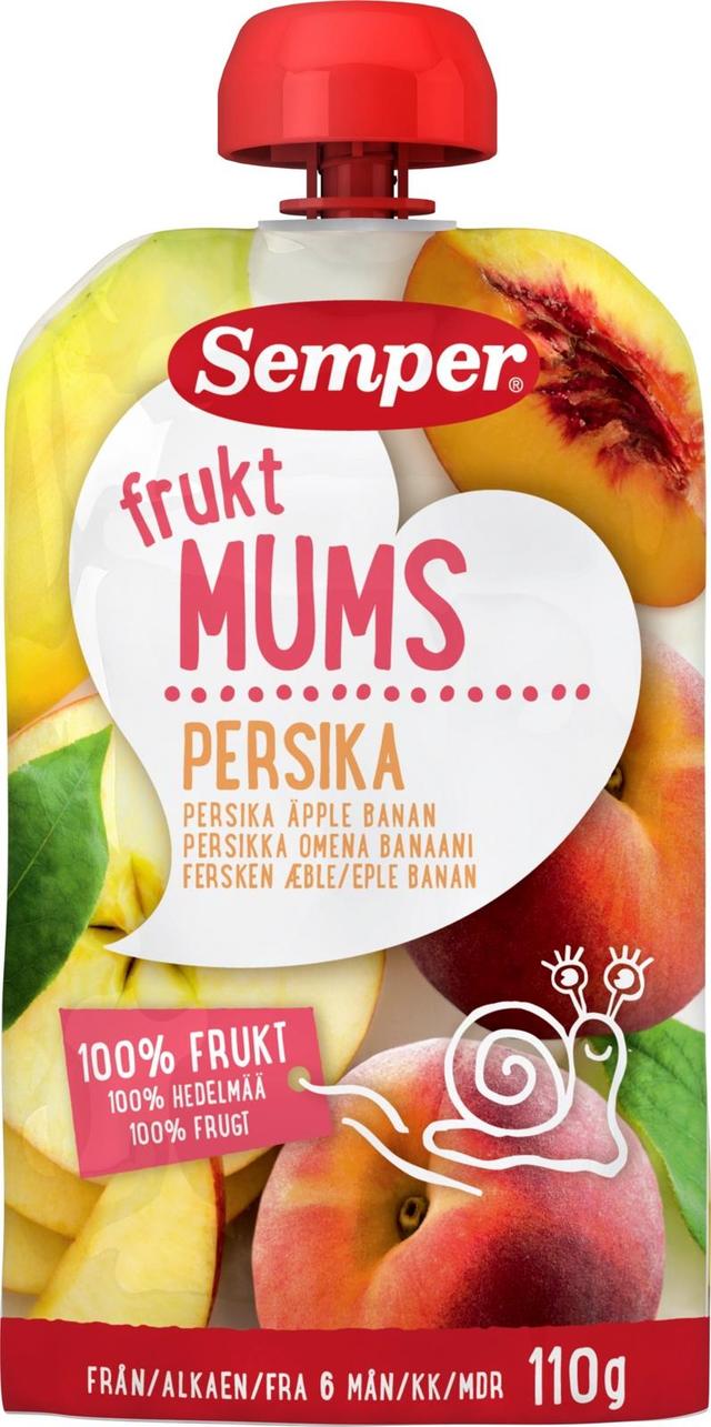 Semper Fruktmums Persikka 110g, persikkaa, omenaa ja banaania hedelmäsose alk. 6 kk