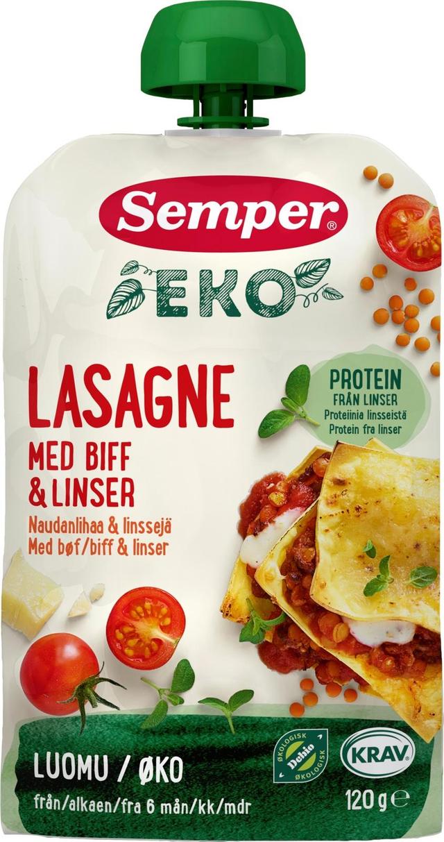 Semper EKO Lasagnea naudanlihaa ja linssejä 6kk luomu lastenateria 120g