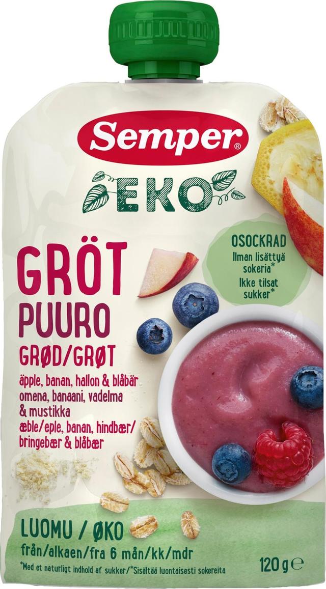 Semper EKO Puuro Omena banaani vadelma & mustikka 6kk lastenpuuro 120g