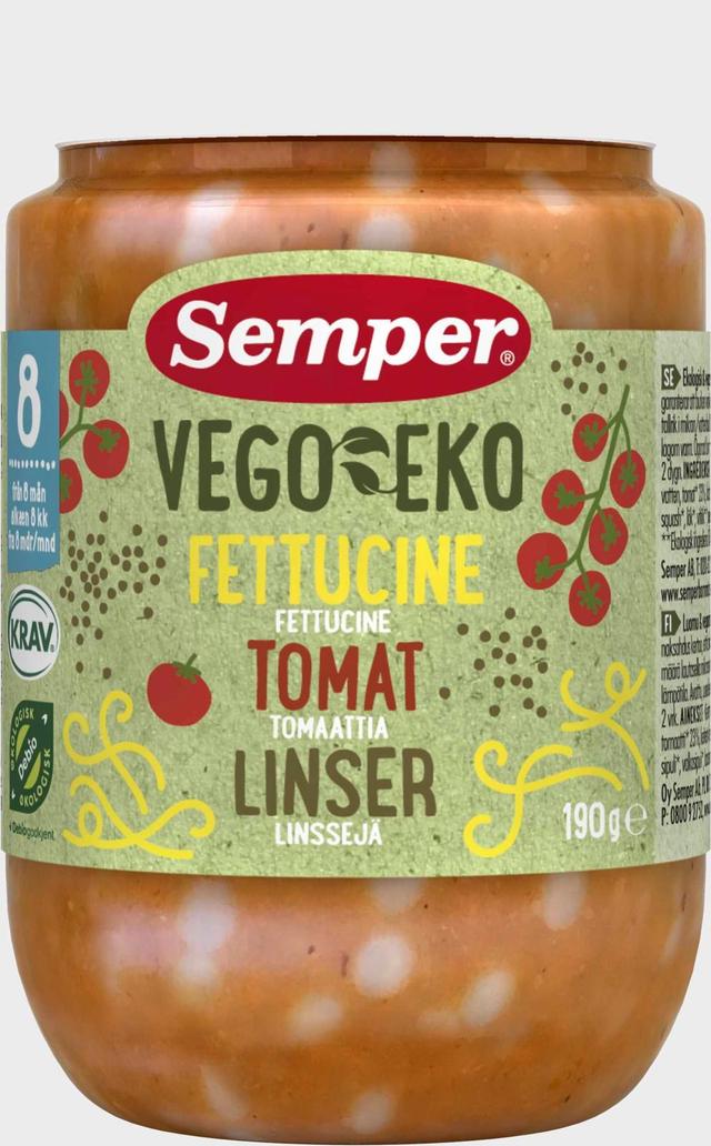 Semper Vego EKO Luomu fettucinea, tomaattia ja linssejä alkaen 8kk lasten luomuateria 190g