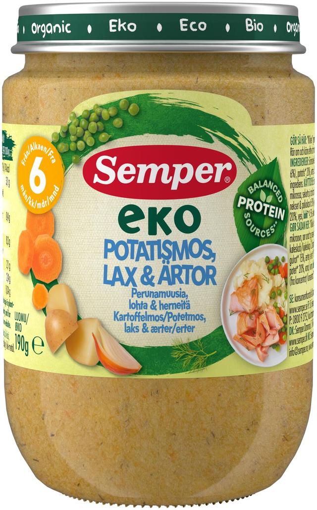 Semper EKO Perunamuusia, lohta & herneitä 6kk luomu lastenateria 190g