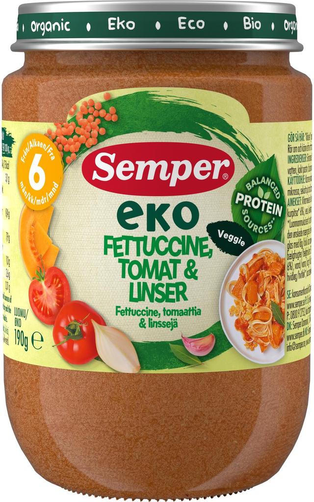 Semper EKO Fettucine, tomaattia & linssejä 6kk luomu lastenateria 190g