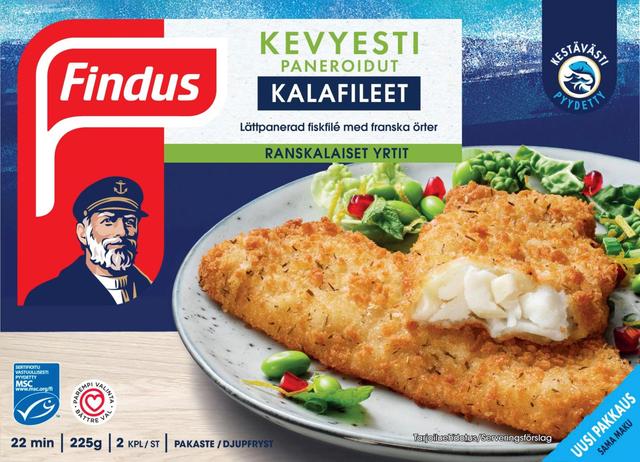 Findus Kevyesti paneroidut kalafileet, Ranskalaiset yrtit MSC 225g, pakaste