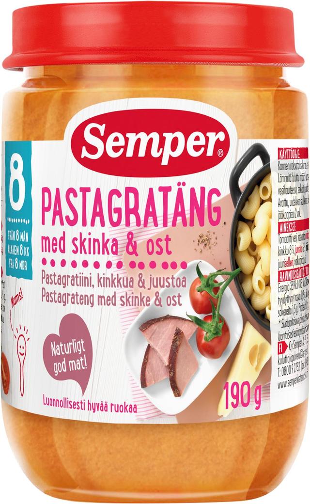 Semper Pastagratiinia, kinkkua ja juustoa alkaen 8 kk lastenateria 190g