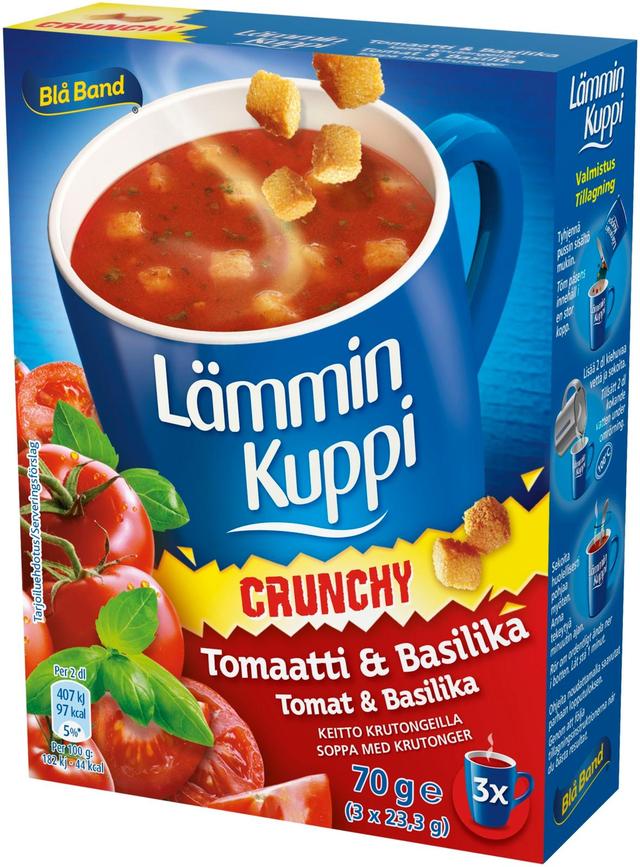 Blå Band Lämmin Kuppi Crunchy laktoositon Tomaatti-Basilikakeitto  krutongeilla 3x23g