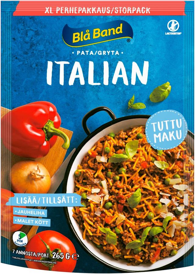 Blå Band laktoositon Italian pata XL Perhepakkaus spagetti-kasvis-mausteseos 265g