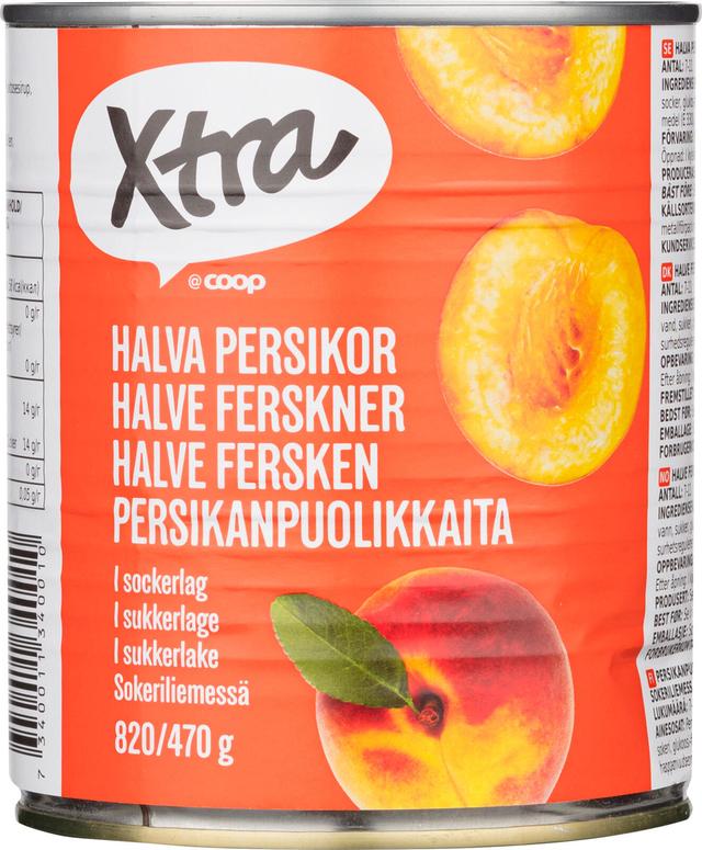Xtra 820/470g persikanpuolikkaita sokeriliemessä