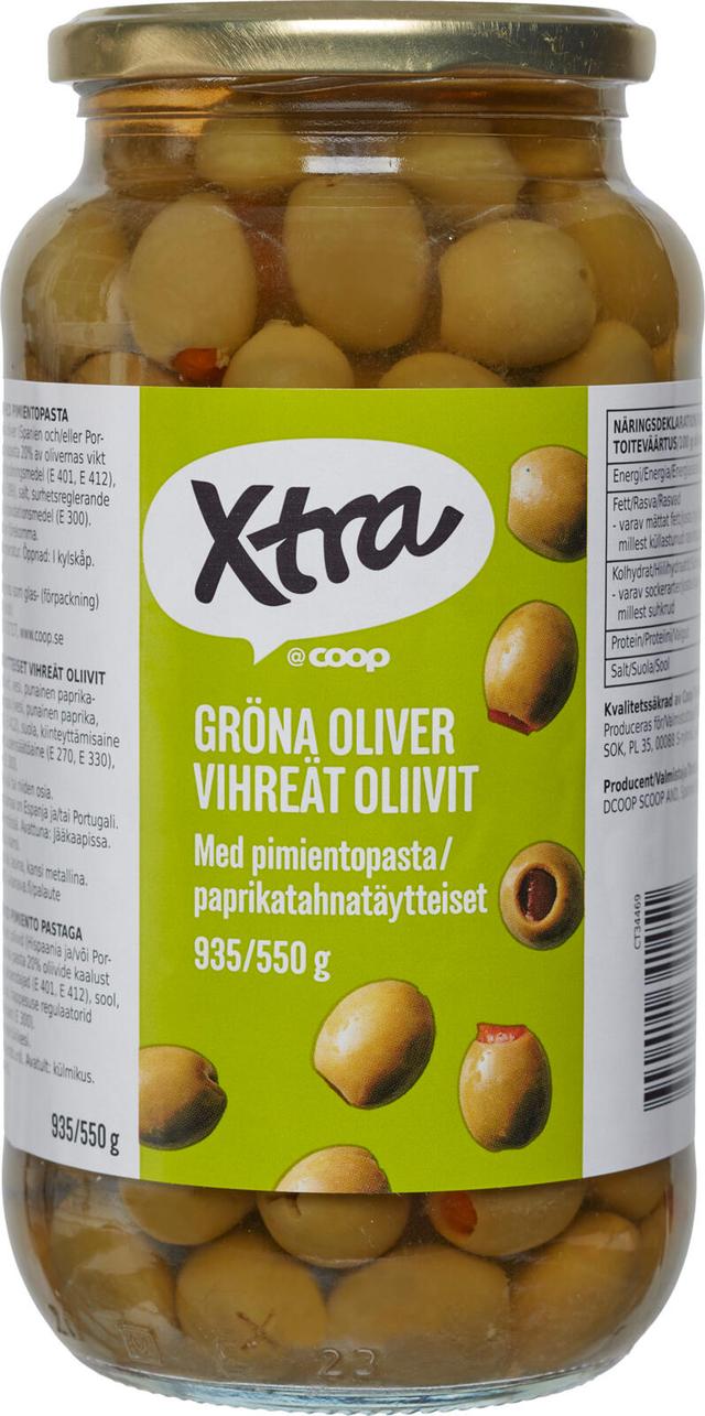 Xtra 935/550g paprikatahnatäytteiset vihreät oliivit