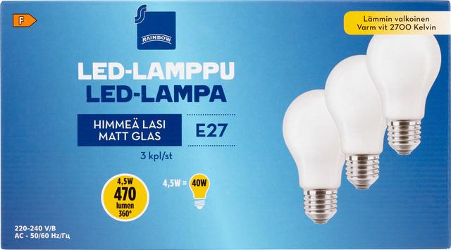 Rainbow LED-lamppu 4,5W E27 2700K 470lm himmeä lasi 3kpl