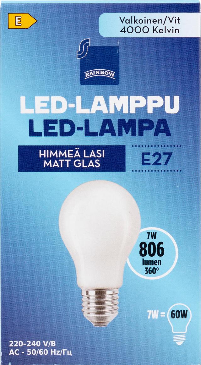 Rainbow LED-lamppu 7W E27 4000K 806lm huurrettu lasi