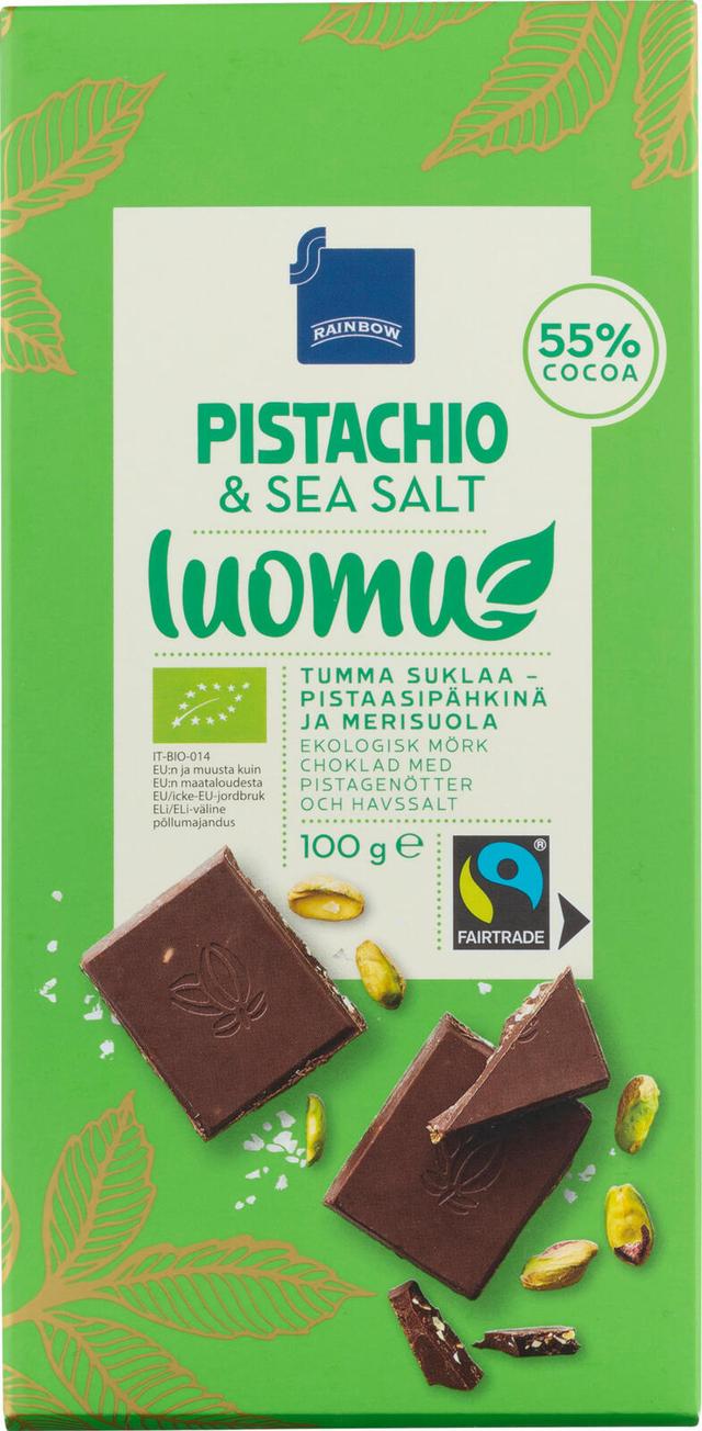 Rainbow tumma suklaa 55 % pistaasipähkinä ja merisuola luomu 100 g