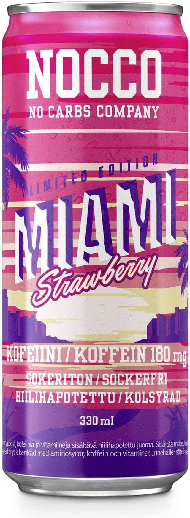 330ml NOCCO BCAA Miami Strawberry, Aminohappoja, kofeiinia ja vitamiineja sisältävä mansikanmakuinen hiilihapotettu energiajuoma