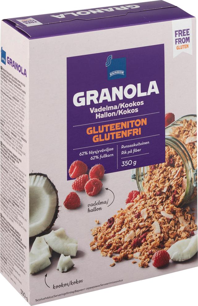 Rainbow granola vadelma ja kookos gluteeniton 350 g