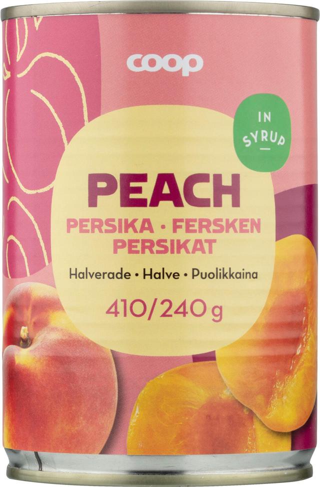 Coop persikat puolikkaina sokeriliemessä 410/240 g