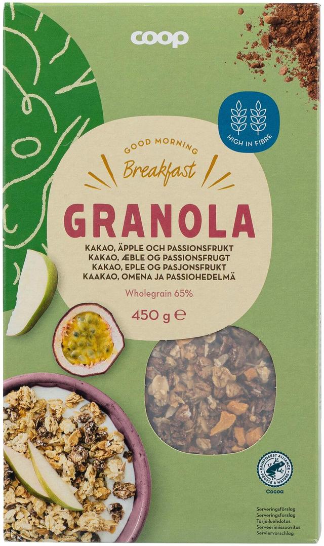 Coop granola kaakao, omena ja passionhedelmä 450 g