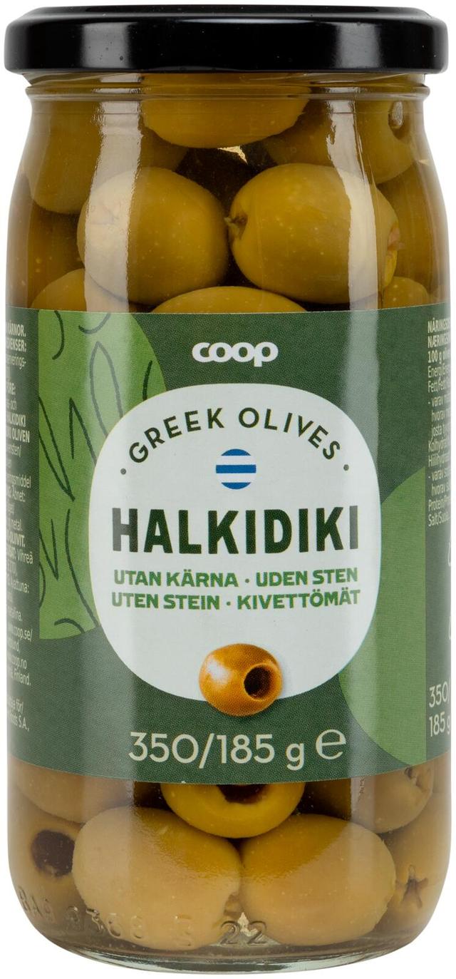 Coop Halkidiki kivettömät vihreät oliivit 350/185 g