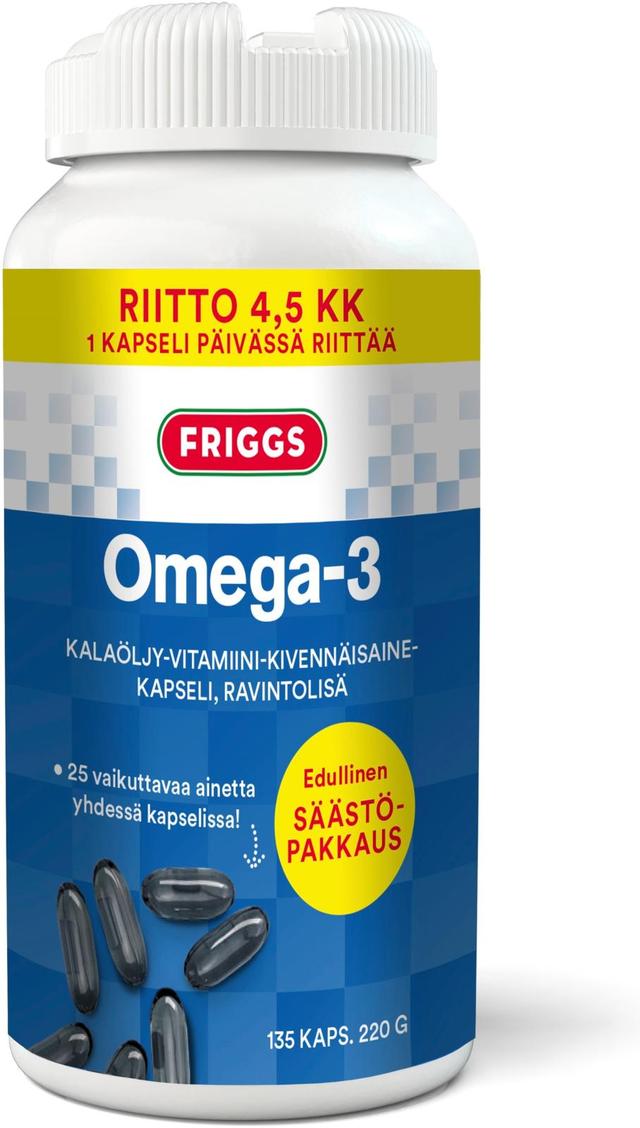 Friggs Omega-3 kalaöljy-vitamiini-kivennäisaine säästöpakkaus 135kaps