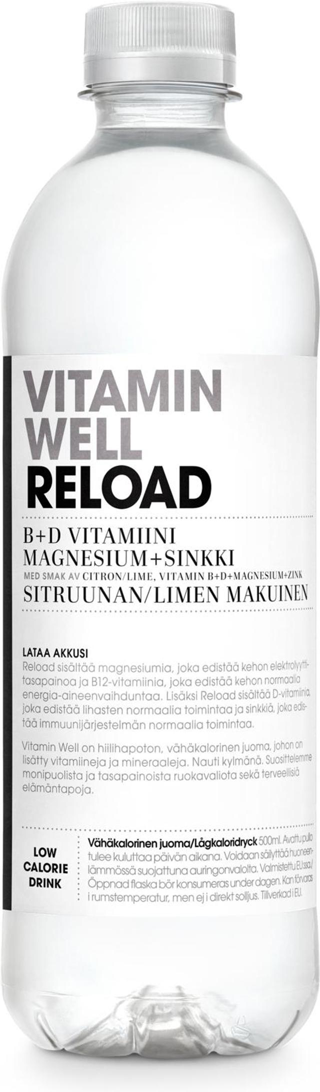 500ml Vitamin Well Reload, sitruunan & limen makuinen, vitaminoitu hiilihapoton juoma