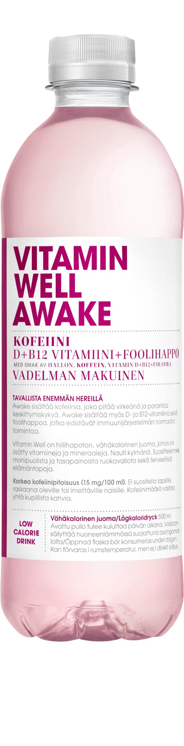 500ml Vitamin Well Awake, vadelman makuinen vitaminoitu hiilihapoton juoma