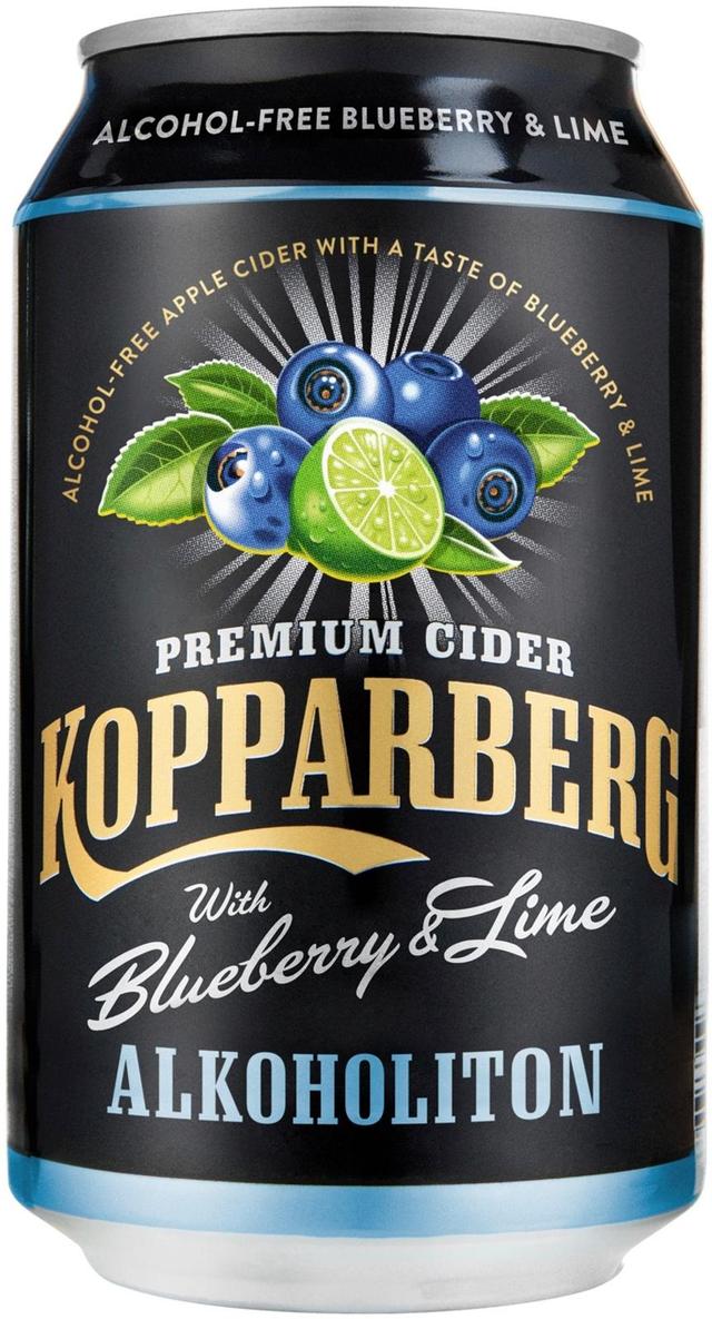 Premium Cider Kopparberg with Blueberry & Lime 0%, Mustikan ja Limen makuinen alkoholiton omenasiideri tölkki 33cl