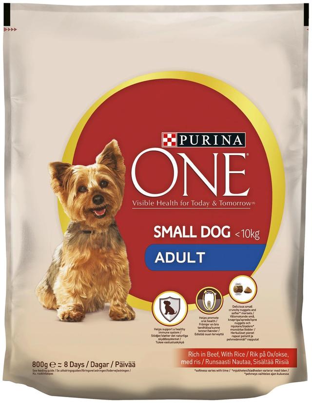 Purina ONE 800g Small Dog <10kg Adult Runsaasti nautaa koiranruoka sisältää riisiä