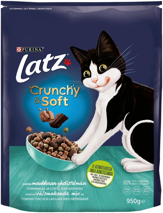 Latz 950g Crunchy & Soft sisältää Lohta, Tonnikalaa ja Kasviksia kissanruoka