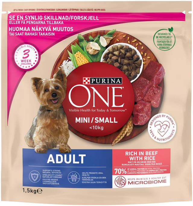 Purina ONE 1,5kg Small Dog <10kg Adult Runsaasti Nautaa, sisältää Riisiä koiranruoka