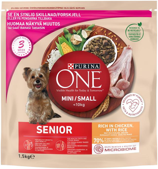 Purina ONE 1,5kg Small Dog < 10 kg Senior 8+, Runsaasti kanaa, Sisältää Riisiä koiranruoka