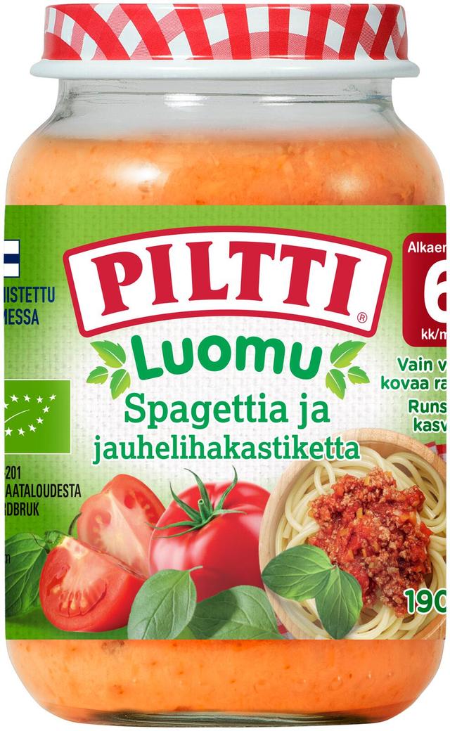 Piltti Luomu 190g Spaghettia ja jauhelihakastiketta lastenateria 6kk