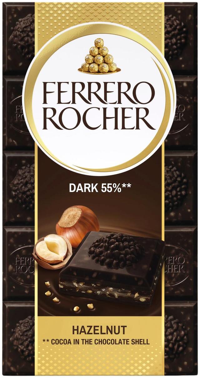 Ferrero Rocher -tummasuklaalevy 90g. Täytettyä tummasuklaata (60 %) hasselpähkinätäytteellä (37 %) ja hasselpähkinän paloilla.