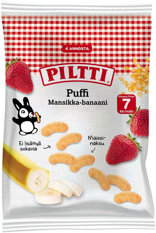 Piltti Puffi 28g Mansikan ja Banaanin makuisia maissinaksuja 7kk