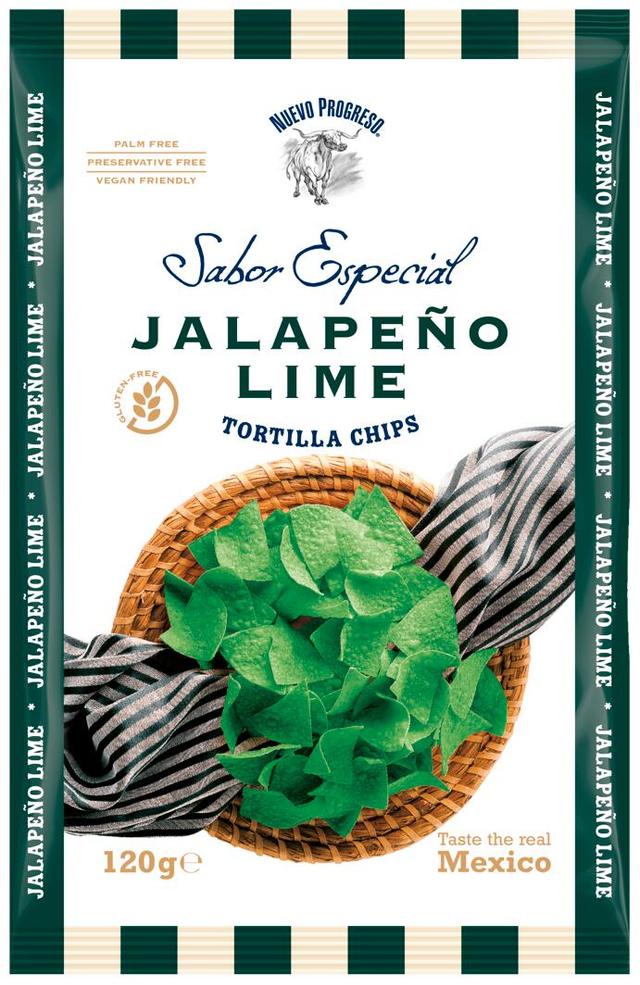 Nuevo Progreso Sabor Especial Jalapeño Lime Tortilla Chips jalapenon- ja limetinmakuiset maissilastut 120g pussi