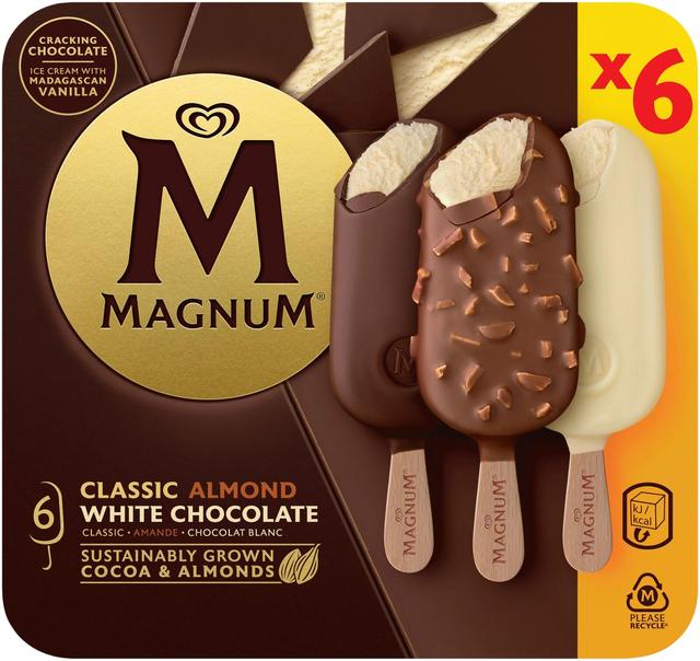 Magnum Classic, Almond, and White Chocolate Jäätelö Monipakkaus 580ml/431g 6kpl