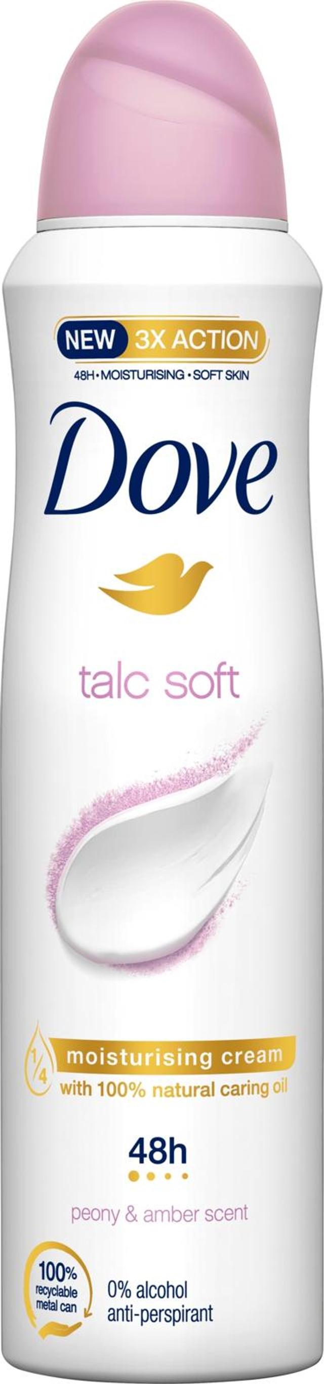 Dove Talc Soft Antiperspirantti Deodorantti Spray 48 h suoja Pehmeä ja sileä iho 150 ml
